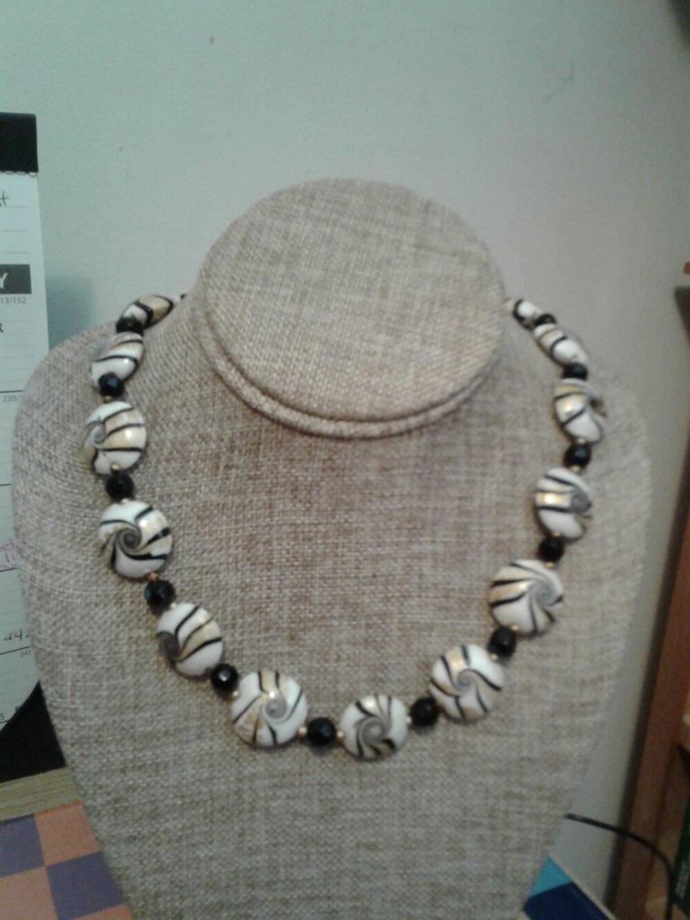 Murano Glass Necklace Black-White-Gold Nautilus Shell Design Beads 18" Long